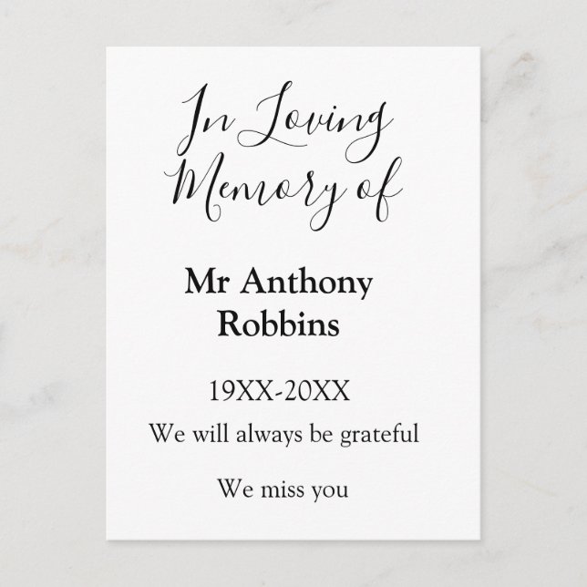 In Loving memory of name funeral memory keepsake Postcard (Front)