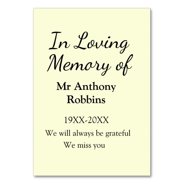 In Loving memory of name funeral memory keepsake Table Number (Front)