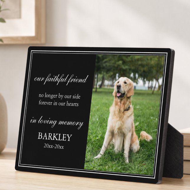 In Loving Memory Pet Dog Memorial Plaque (elegant black and white in loving memory forever in our hearts dog memorial plaque with custom photo)