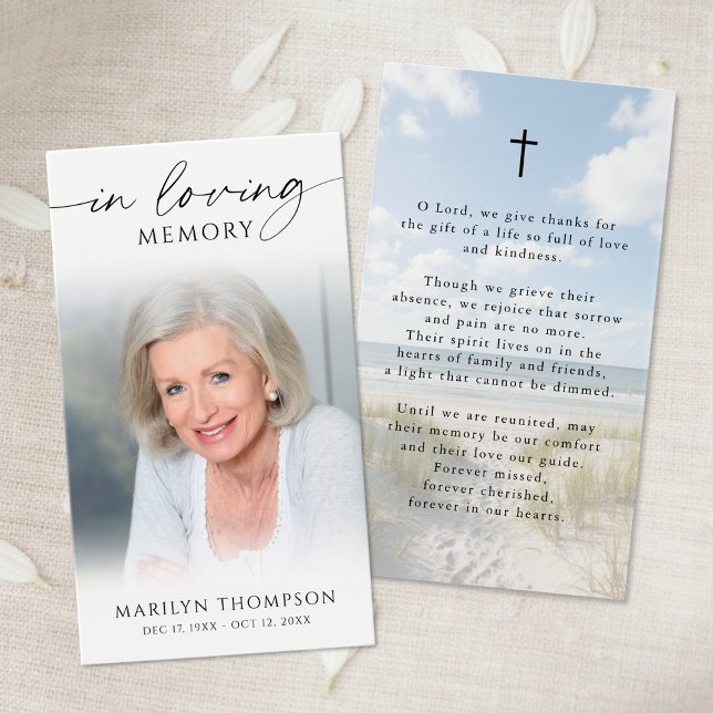 In Loving Memory Photo Beach Cross Prayer Cards (Creator Uploaded)