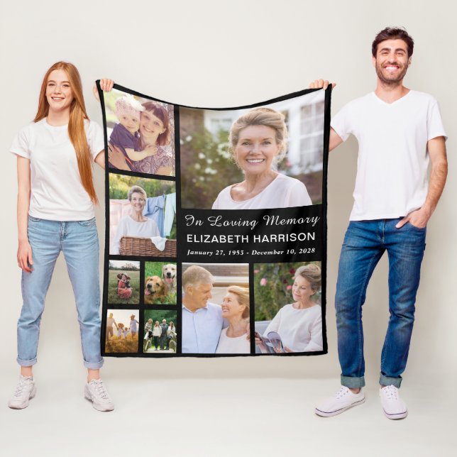 In Loving Memory Photo Collage Memorial Black Fleece Blanket (In Situ)