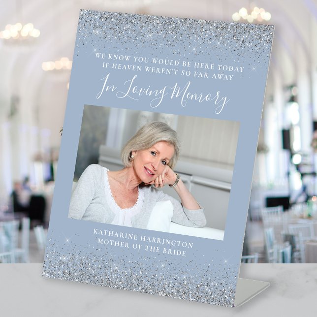 In Loving Memory Photo Dusty Blue Silver Wedding Pedestal Sign (Creator Uploaded)