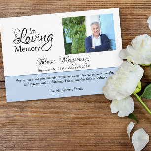 In Loving Memory Photo Elegant Script Blue Funeral Thank You Card