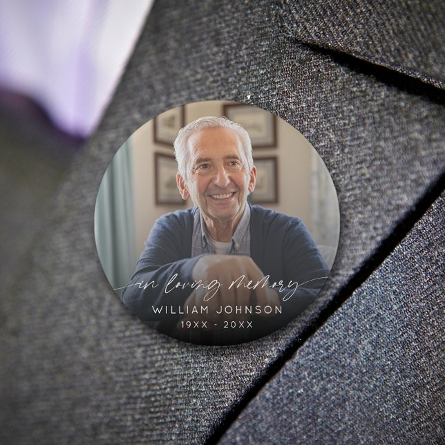 In Loving Memory Photo Elegant Script Funeral  7.5 Cm Round Badge (Creator Uploaded)