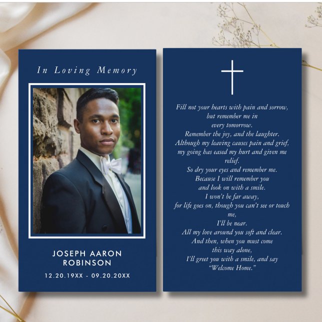In Loving Memory Photo Funeral Blue Prayer Card (Creator Uploaded)