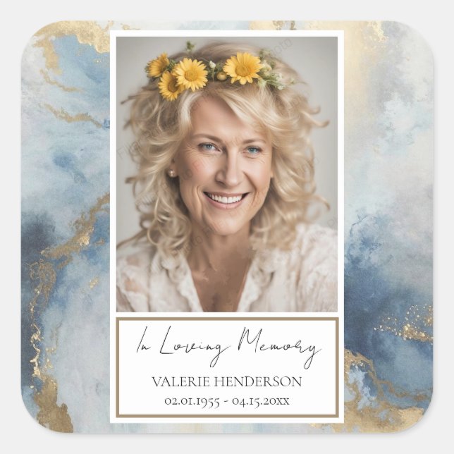 In Loving Memory Photo Gold Blue Sticker (Front)