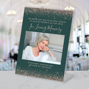 In Loving Memory Photo Green Rose Gold Wedding Pedestal Sign