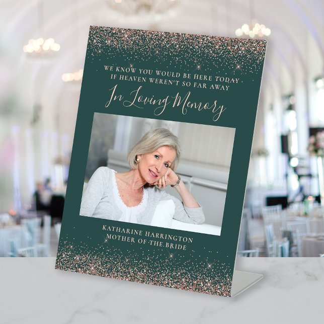 In Loving Memory Photo Green Rose Gold Wedding Pedestal Sign (Creator Uploaded)