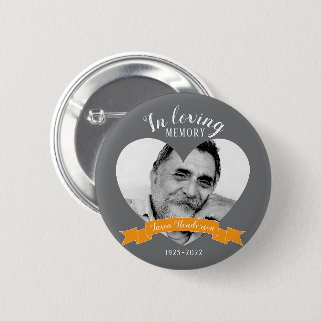 In loving memory photo heart name orange button (Front & Back)