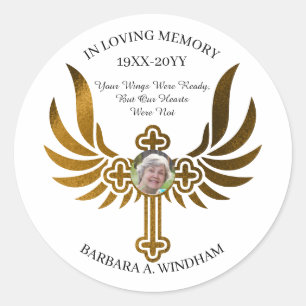 In Loving Memory Photo Keepsake Cross with Wings C Classic Round Sticker