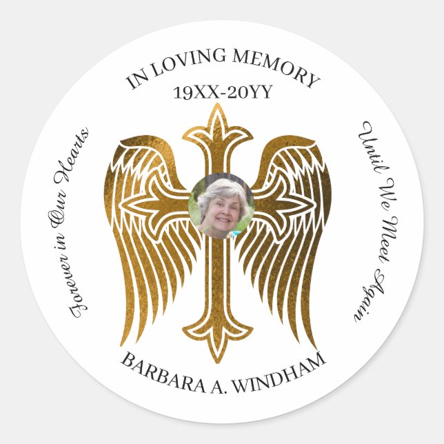 In Loving Memory Photo Keepsake Cross with Wings Classic Round Sticker (Front)