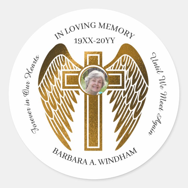 In Loving Memory Photo Keepsake Cross with Wings Classic Round Sticker (Front)