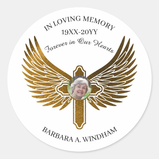 In Loving Memory Photo Keepsake Cross with Wings Classic Round Sticker (Front)