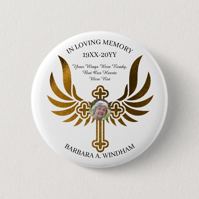 In Loving Memory Photo Keepsake Cross with Wings K 6 Cm Round Badge (Front)