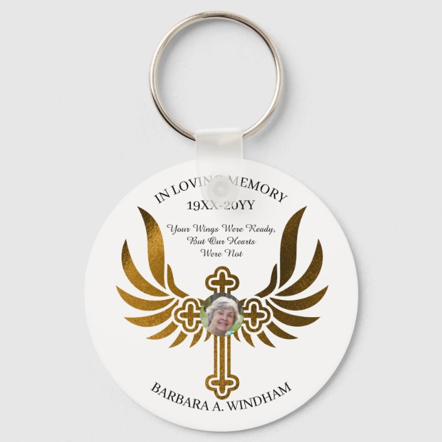 In Loving Memory Photo Keepsake Cross with Wings K Key Ring (Front)
