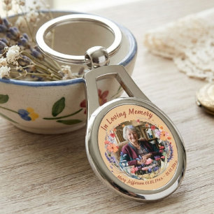 In Loving Memory Photo Memorial Floral Wreath Key Ring