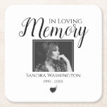 In Loving Memory | Photo Memorial Service Square Paper Coaster<br><div class="desc">Funeral 'In loving memory' coasters, are the perfect tribute to your love one in black and white. Featuring the saying 'in loving memory' a photo, their name, birth/death dates and a heart with birds flying from it. All text styles can be changed by clicking on the customise further link after...</div>