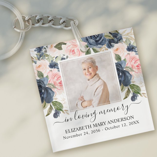 In Loving Memory Photo Navy Pink Floral Memorial Key Ring (Creator Uploaded)