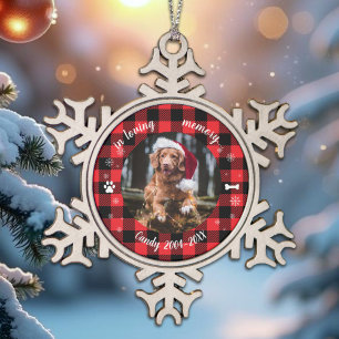In Loving Memory Photo Pet Memorial Buffalo Check Snowflake Pewter Christmas Ornament
