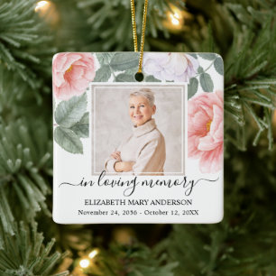 In Loving Memory Photo Pink Floral Memorial Ceramic Ornament