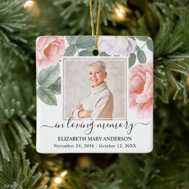 In Loving Memory Photo Pink Floral Memorial Ceramic Ornament (Tree)