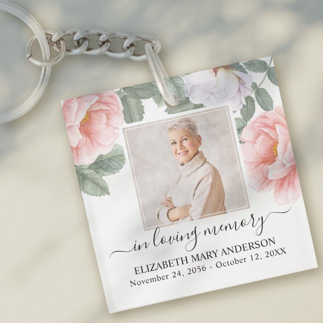 In Loving Memory Photo Pink Floral Memorial Key Ring (Creator Uploaded)