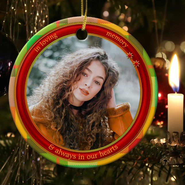 In Loving Memory Photo Plaid Ceramic Tree Decoration (Memorial Christmas ornament featuring your own custom photo framed by a colorful plaid design)