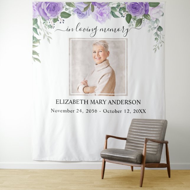 In Loving Memory Photo Purple Floral Memorial Tapestry (In Situ)