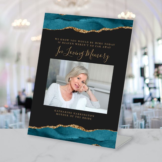 In Loving Memory Photo Teal Blue Dark Wedding Pedestal Sign (Creator Uploaded)