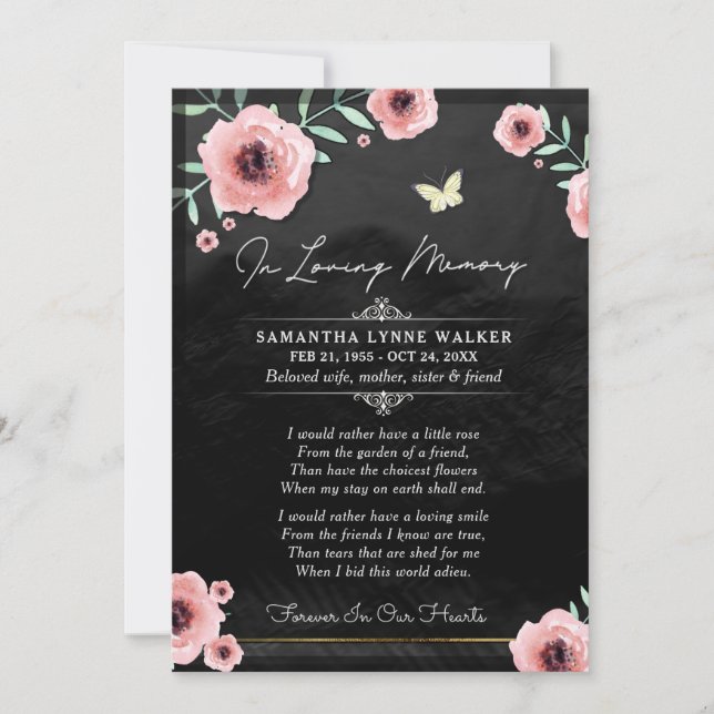 In Loving Memory Pink Black Floral Thank You Card (Front)