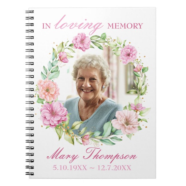 In Loving Memory Pink Floral Wreath Photo Funeral Notebook (Front)