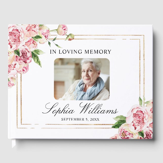 In Loving Memory Pink Flowers & Green Funeral Guest Book (Front)