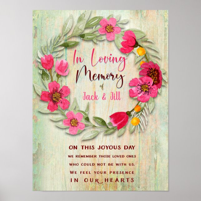 In Loving Memory Pink Green Wreath Custom Sign (Front)