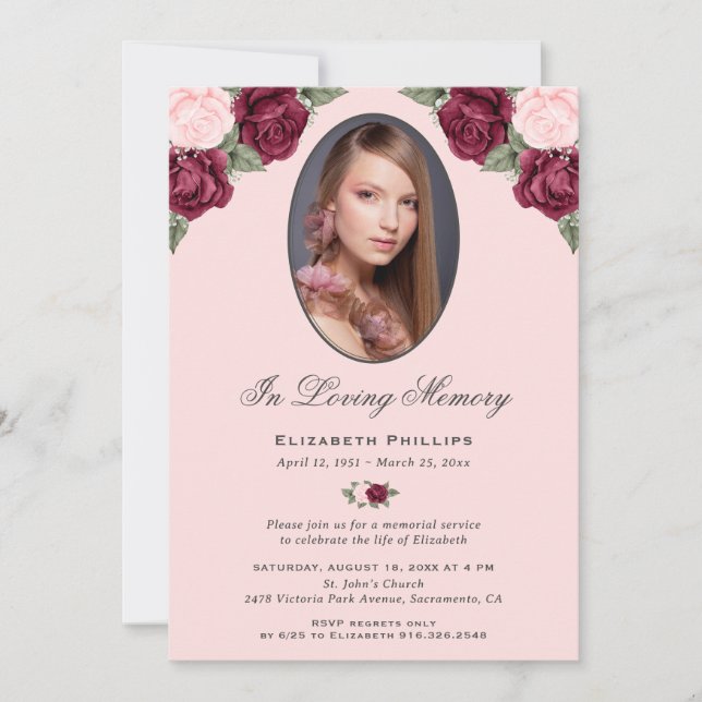 In Loving Memory Pink Red Floral Photo Invitation (Front)