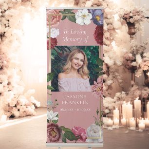 In Loving Memory Pink Rose Floral Photo Funeral Retractable Banner