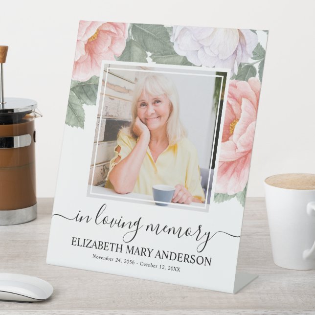 In Loving Memory Pink White Floral Funeral Photo Pedestal Sign (In SItu)