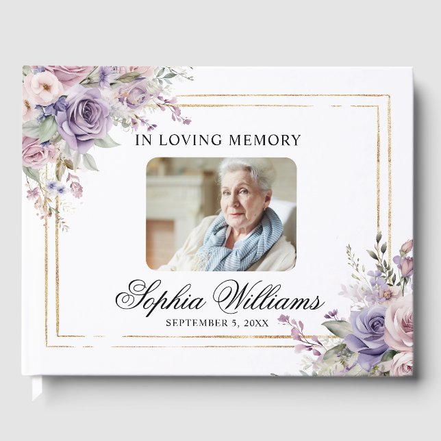 In Loving Memory Purple & Blush Pink Rose Funeral Guest Book (Front)