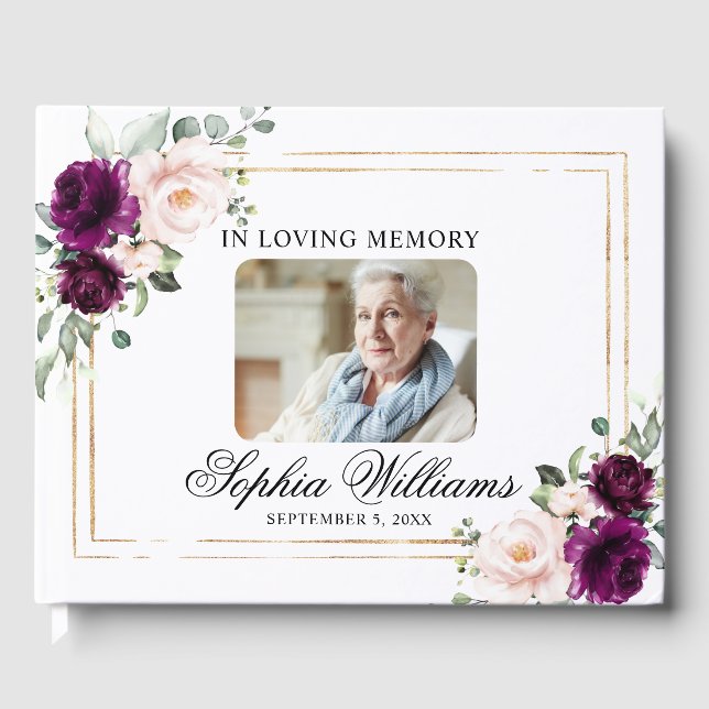 In Loving Memory Purple & Blush Pink Rose Funeral Guest Book (Front)