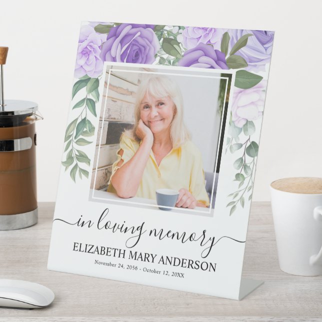 In Loving Memory Purple Floral Funeral Photo Pedestal Sign (In SItu)