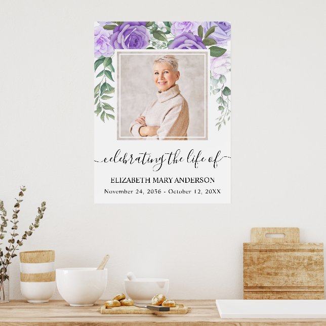 In Loving Memory Purple Floral Photo Poster (Kitchen)