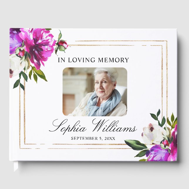 In Loving Memory Purple Flowers & Green Funeral Guest Book (Front)