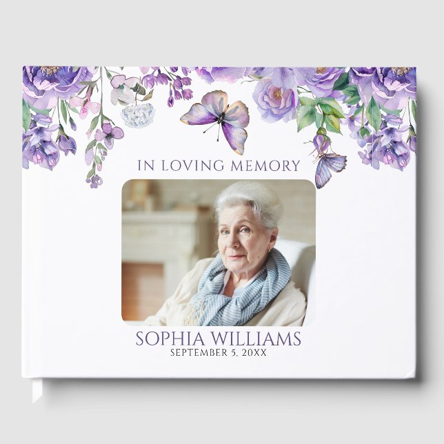 In Loving Memory Purple Flowers Guest Book (Front)