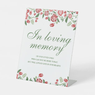 In Loving Memory Red Green Theme Floral Wedding Pedestal Sign
