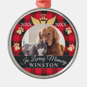 In Loving Memory   Red Plaid Pet Memorial Photo Metal Tree Decoration