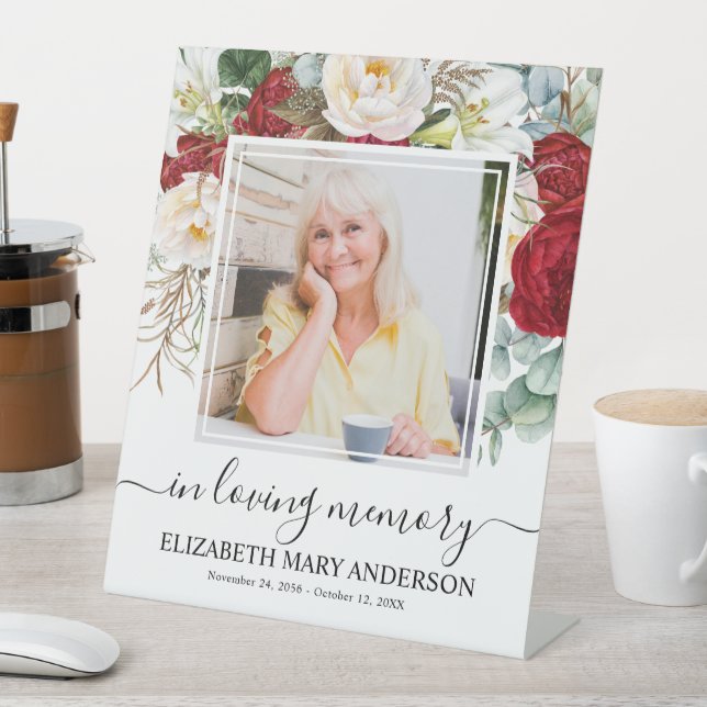 In Loving Memory Red White Floral Funeral Photo Pedestal Sign (In SItu)