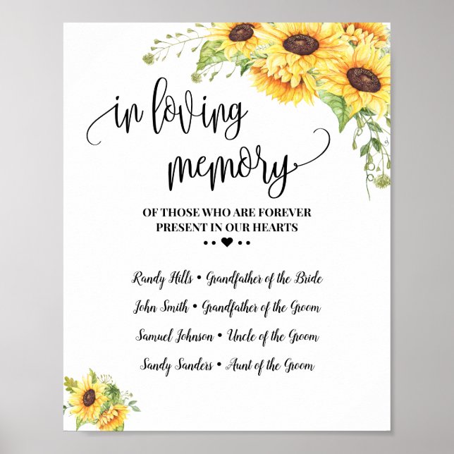 In loving memory remembrance sunflowers wedding poster (Front)