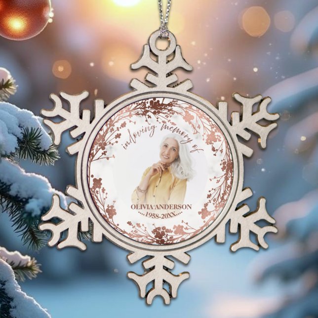 In Loving Memory Rose Foil Photo Memorial Snowflake Pewter Christmas Ornament (Creator Uploaded)