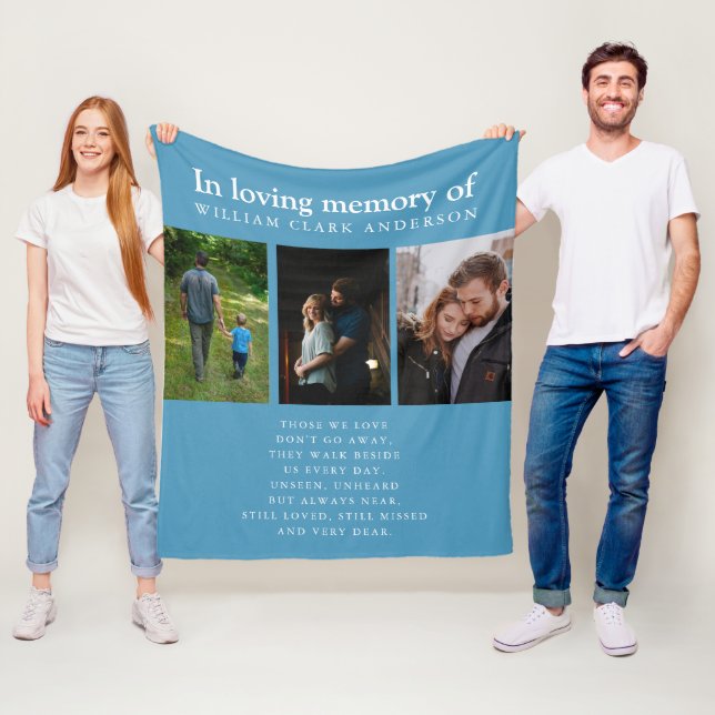 In Loving Memory Three Photo Poem Tribute Blue Fleece Blanket (In Situ)