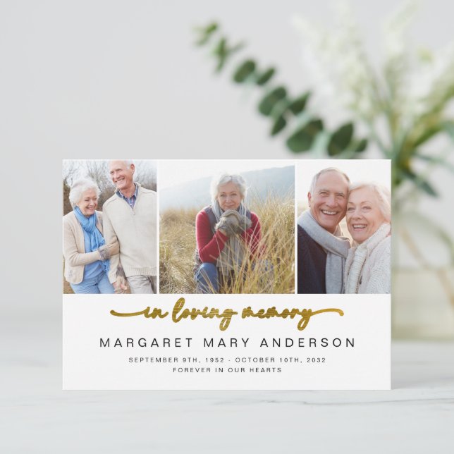 In Loving Memory | Three Photos Funeral Sympathy Thank You Card (Standing Front)