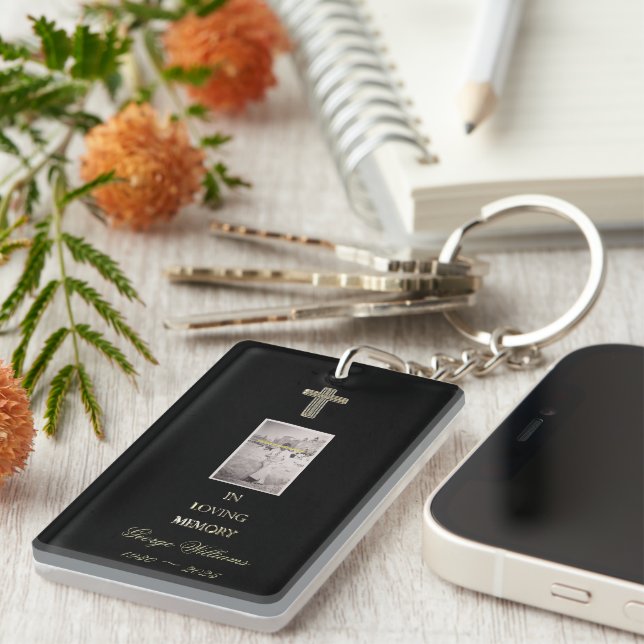 In Loving Memory Typography Golden Cross Photo Key Ring (Front Right)